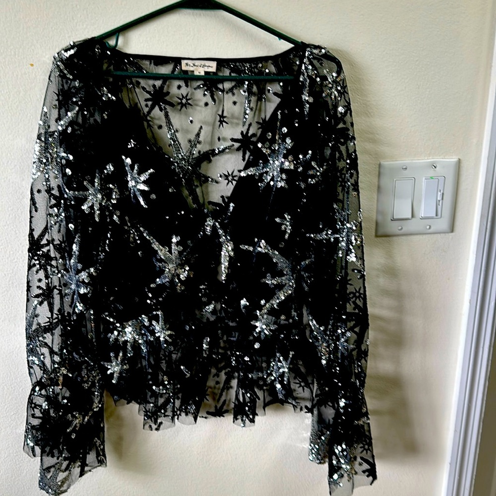 For Love & Lemons Stardust Top Black Silver Sequin Tie Blouse Festival Medium